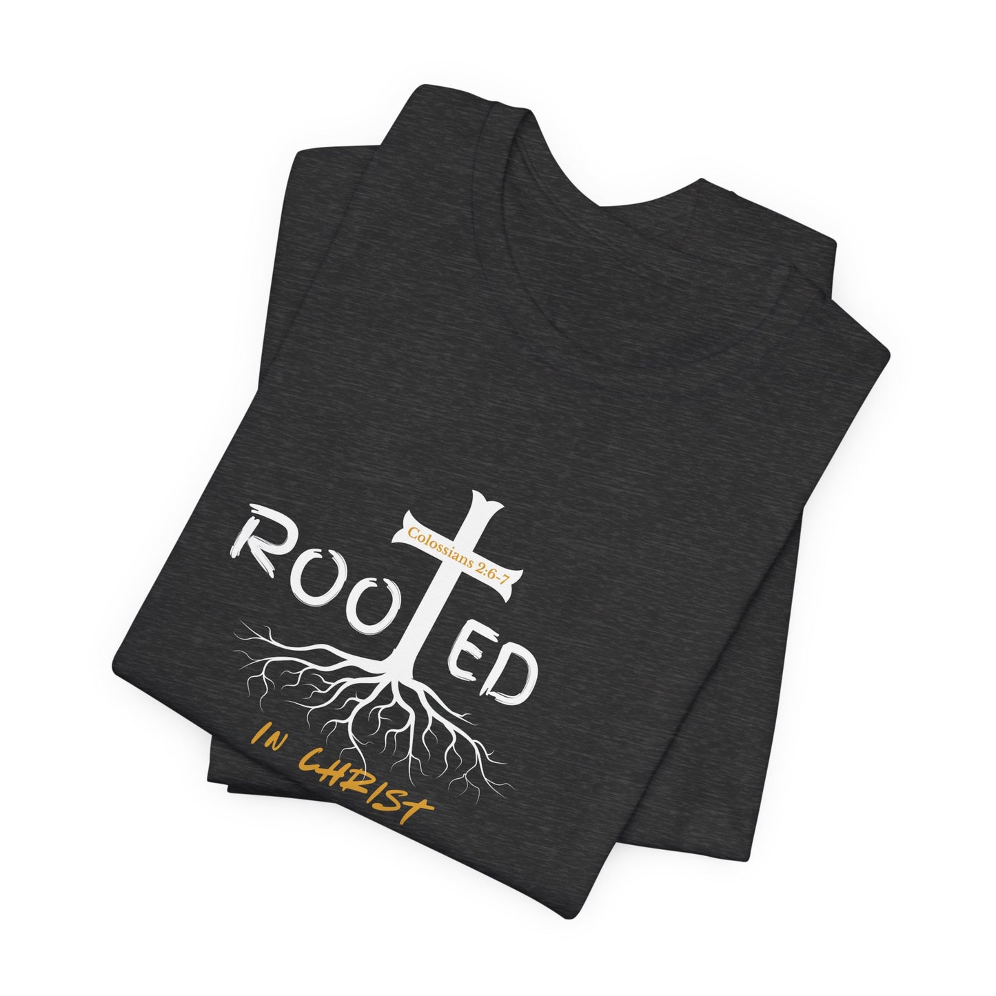 Rooted in Christ Christian T-Shirt | Colossians 2:6-7 Bible Verse Shirt | Faith Based Graphic Tee for Men