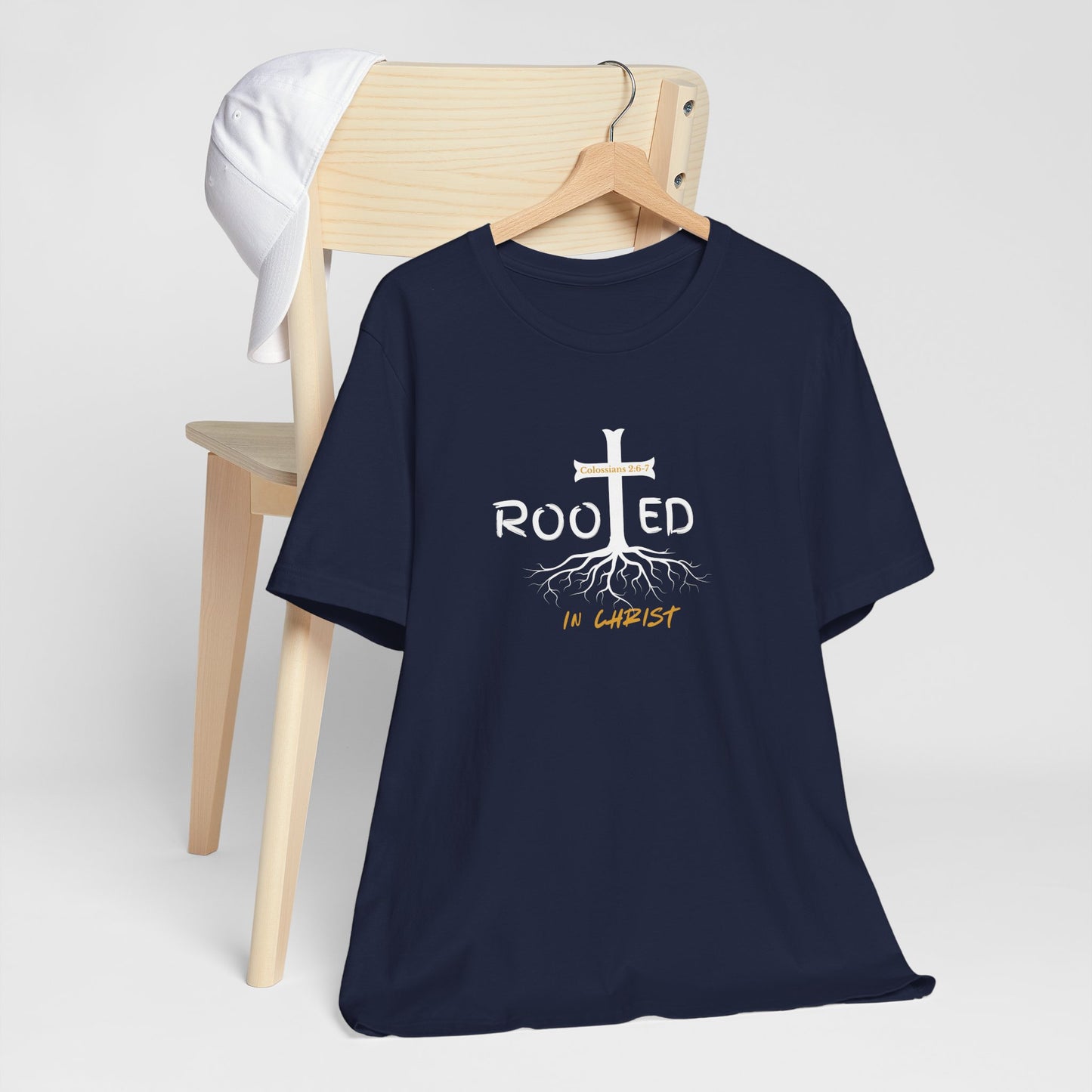 Rooted in Christ Christian T-Shirt | Colossians 2:6-7 Bible Verse Shirt | Faith Based Graphic Tee for Men