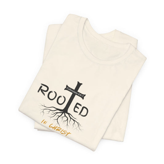 Rooted in Christ Christian T-Shirt | Colossians 2:6-7 Bible Verse Shirt | Faith Based Graphic Tee for Men
