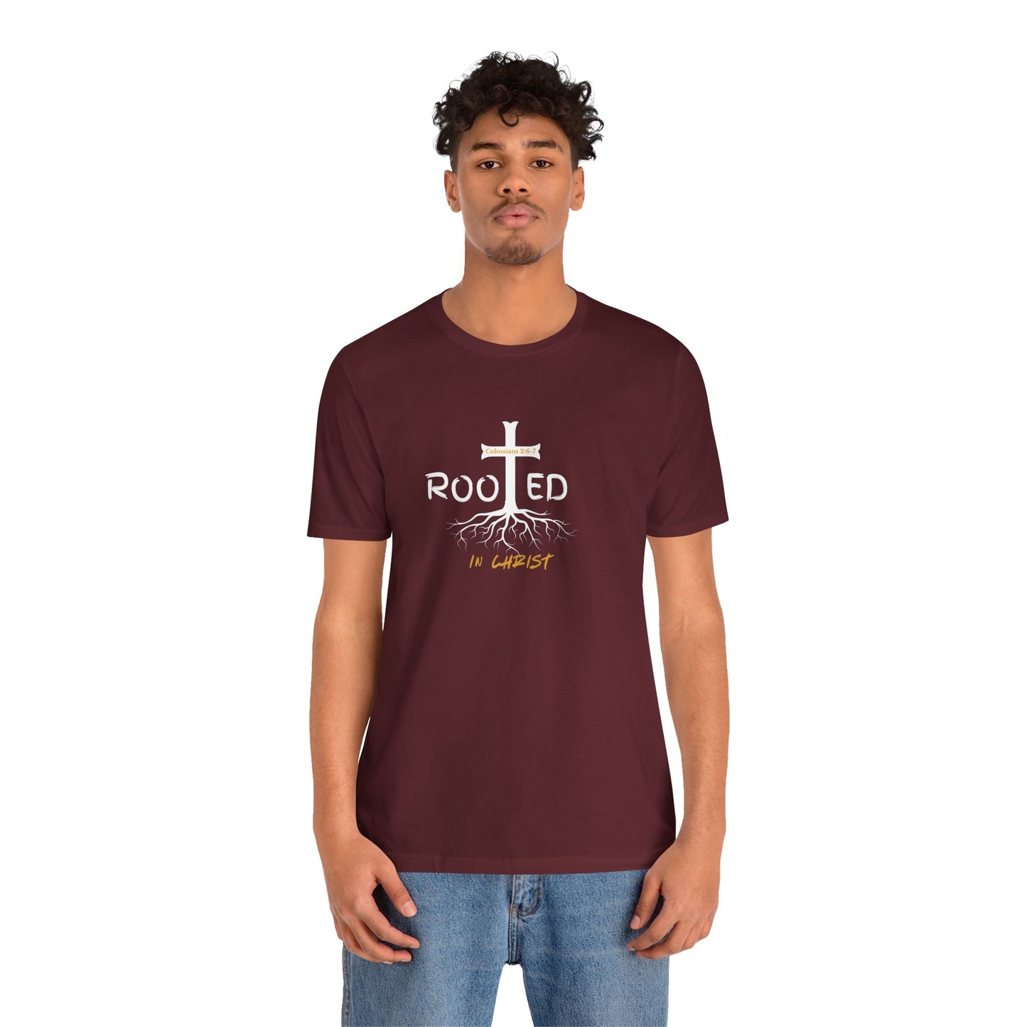 Rooted in Christ Christian T-Shirt | Colossians 2:6-7 Bible Verse Shirt | Faith Based Graphic Tee for Men