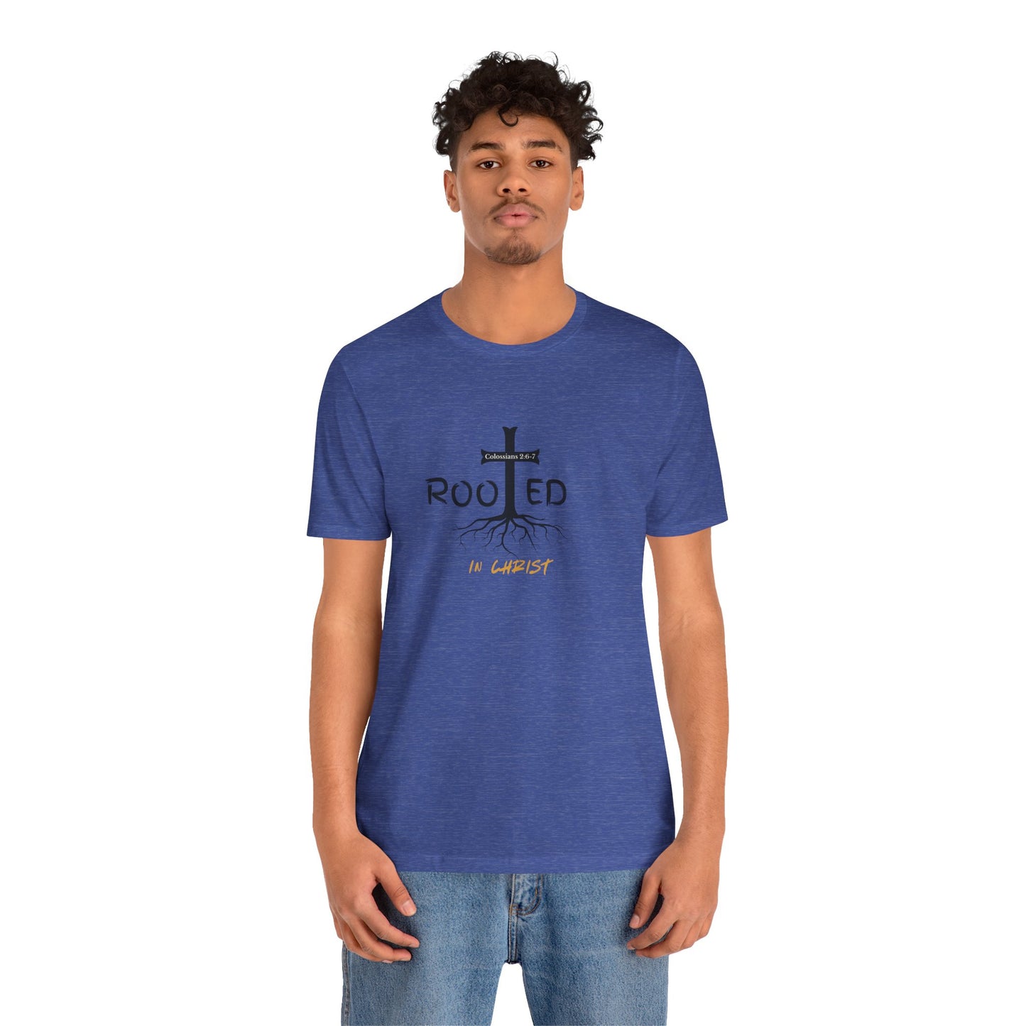 Rooted in Christ Christian T-Shirt | Colossians 2:6-7 Bible Verse Shirt | Faith Based Graphic Tee for Men