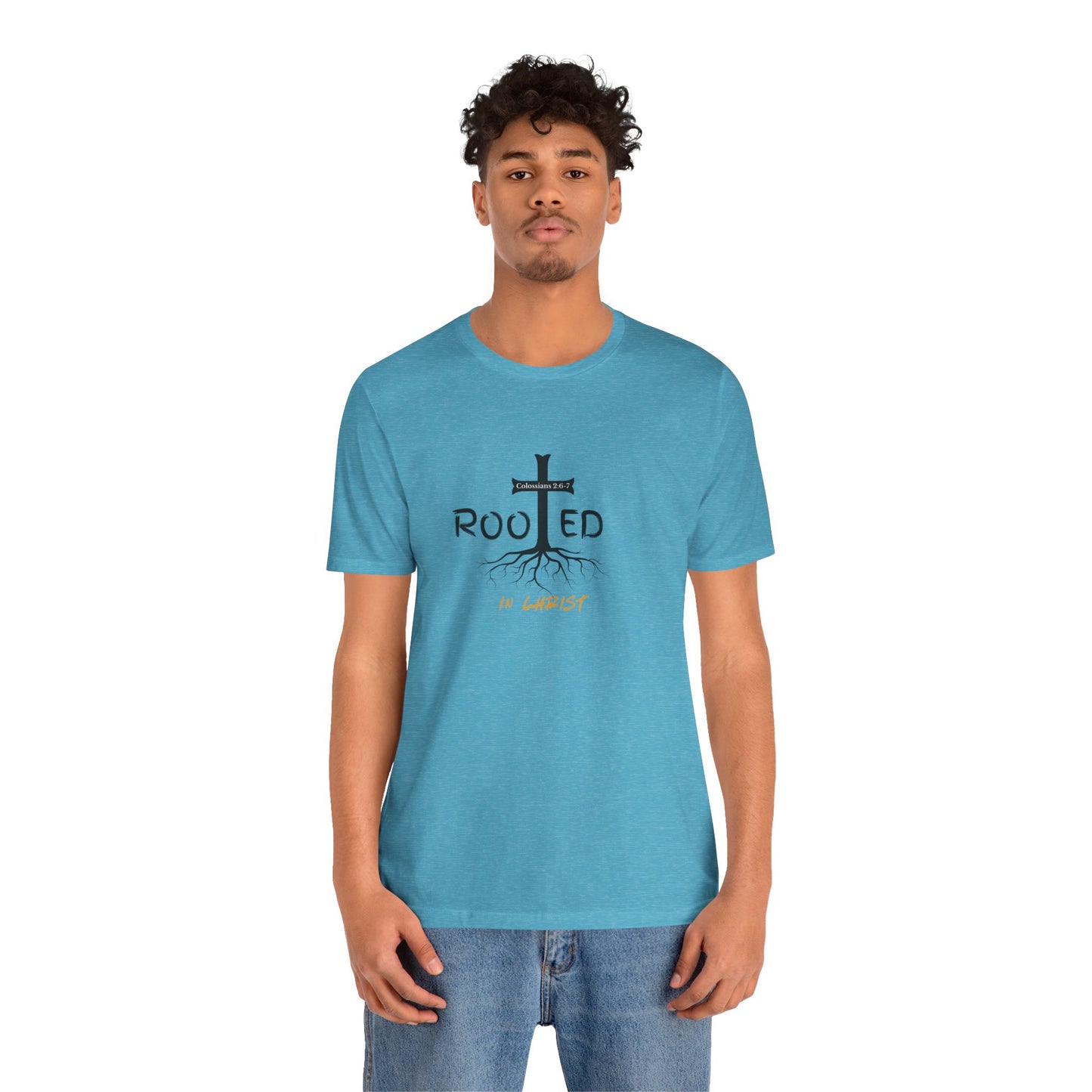 Rooted in Christ Christian T-Shirt | Colossians 2:6-7 Bible Verse Shirt | Faith Based Graphic Tee for Men