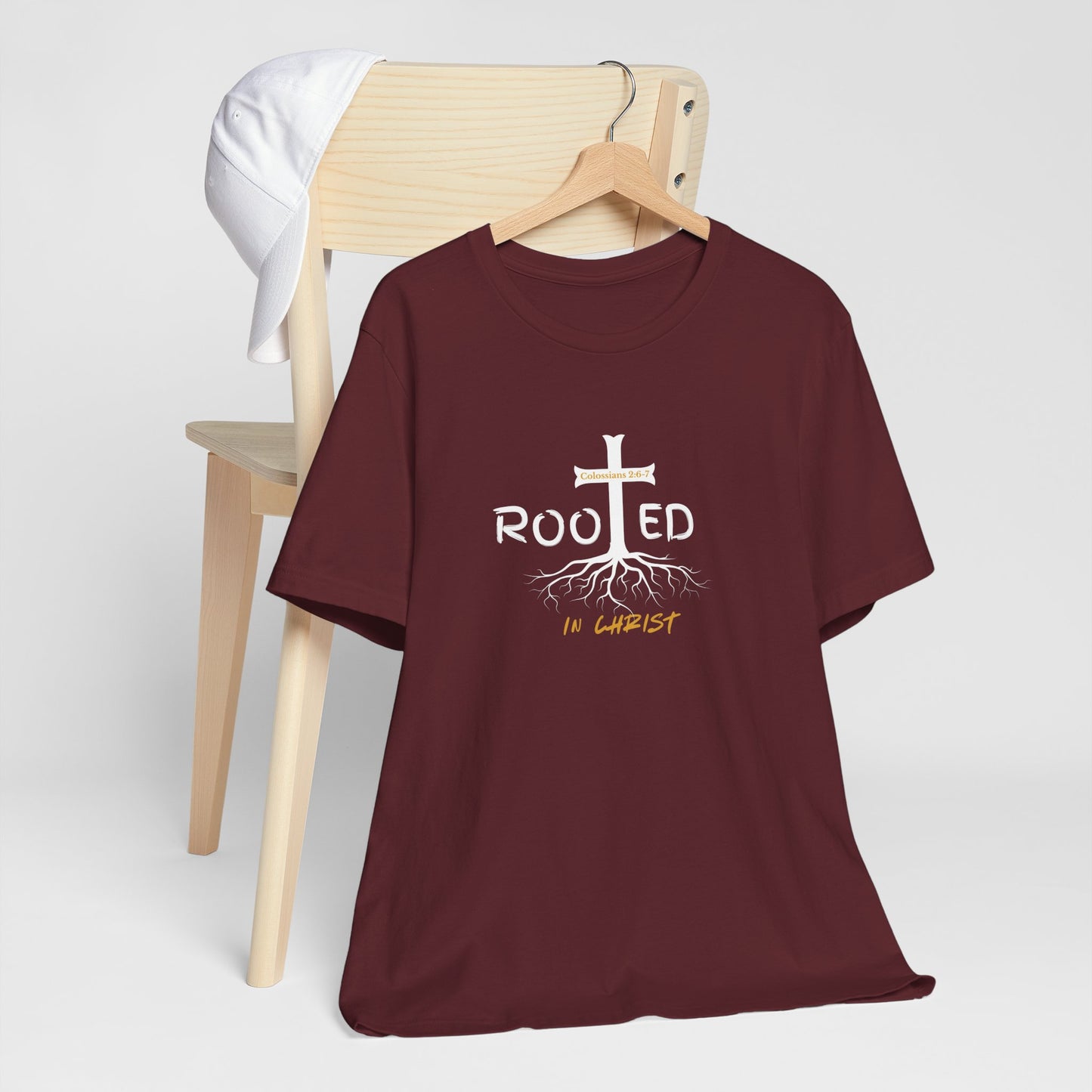 Rooted in Christ Christian T-Shirt | Colossians 2:6-7 Bible Verse Shirt | Faith Based Graphic Tee for Men