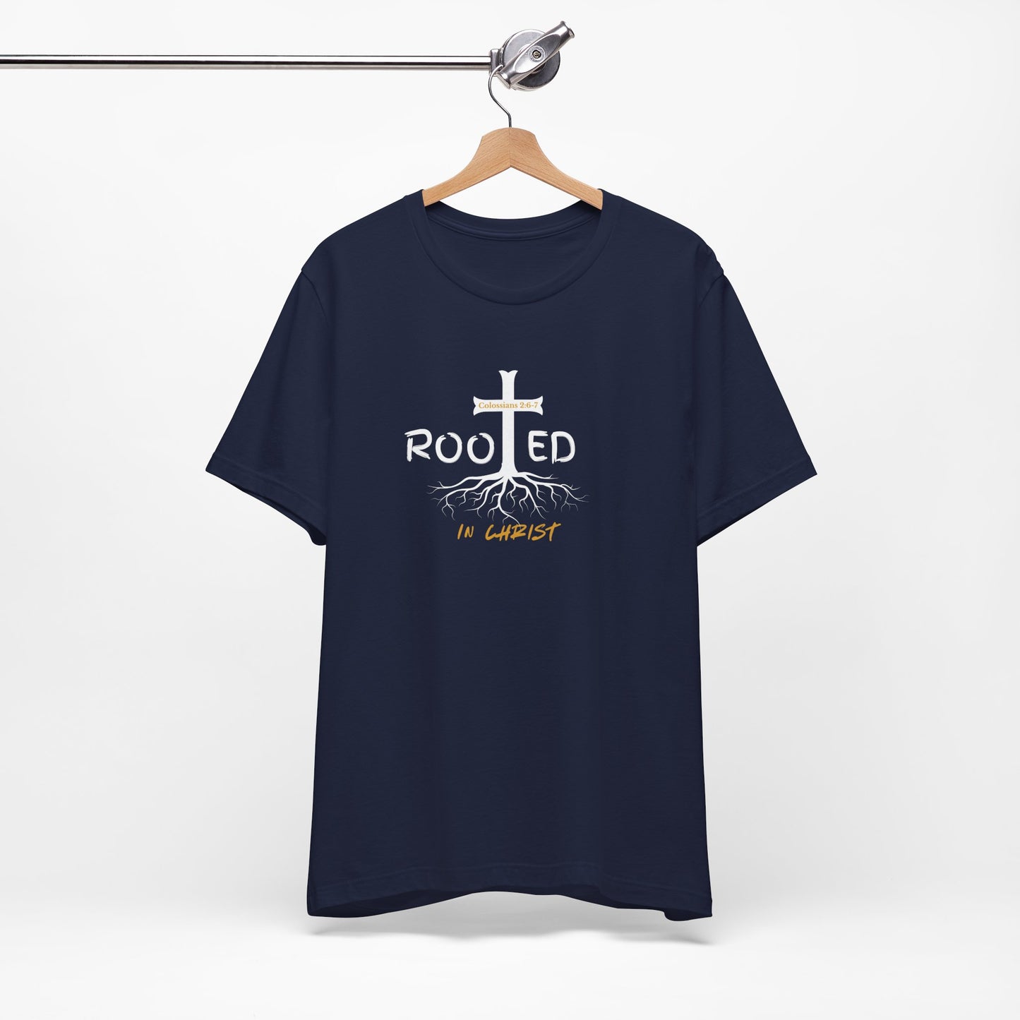 Rooted in Christ Christian T-Shirt | Colossians 2:6-7 Bible Verse Shirt | Faith Based Graphic Tee for Men
