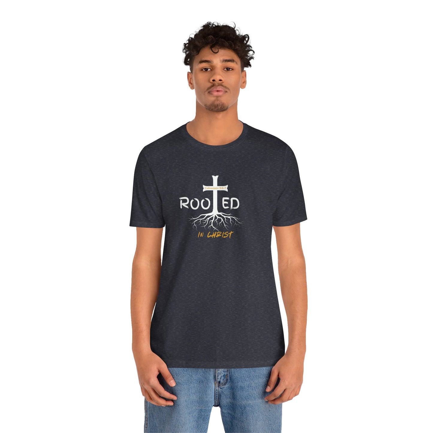Rooted in Christ Christian T-Shirt | Colossians 2:6-7 Bible Verse Shirt | Faith Based Graphic Tee for Men