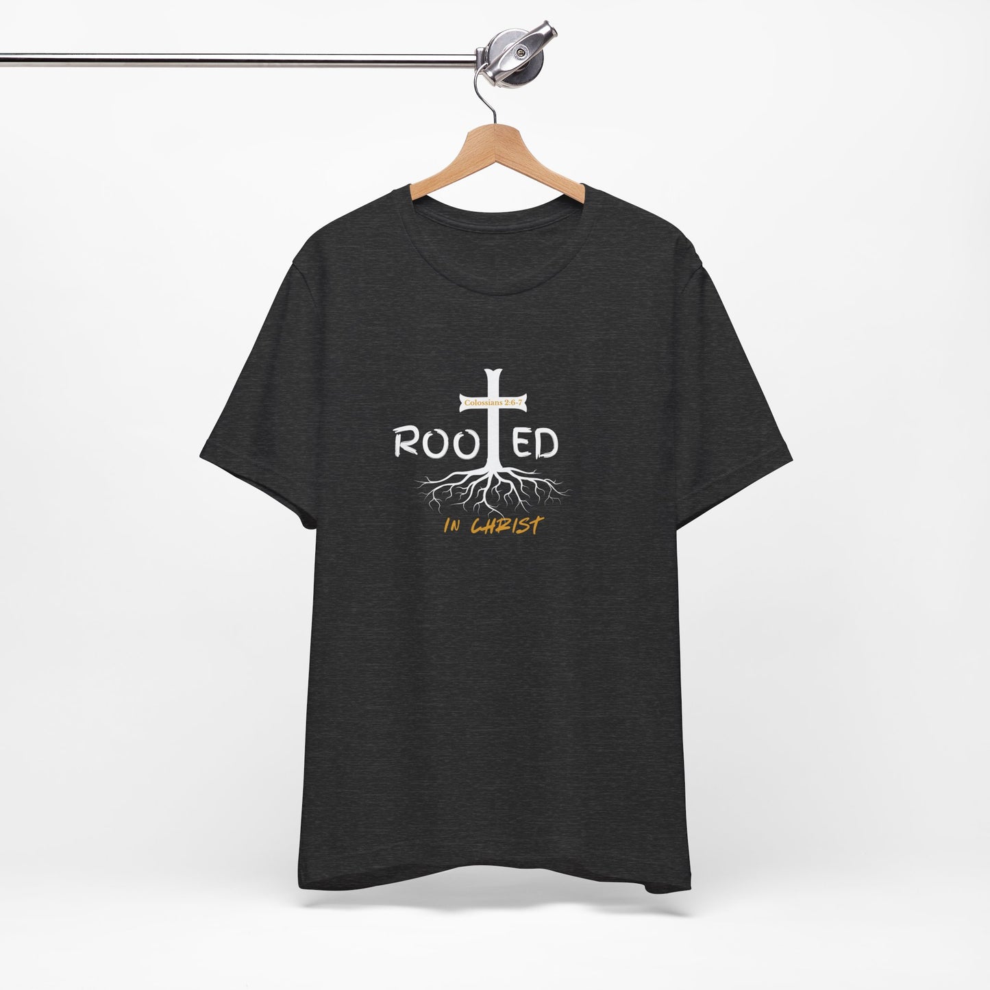 Rooted in Christ Christian T-Shirt | Colossians 2:6-7 Bible Verse Shirt | Faith Based Graphic Tee for Men