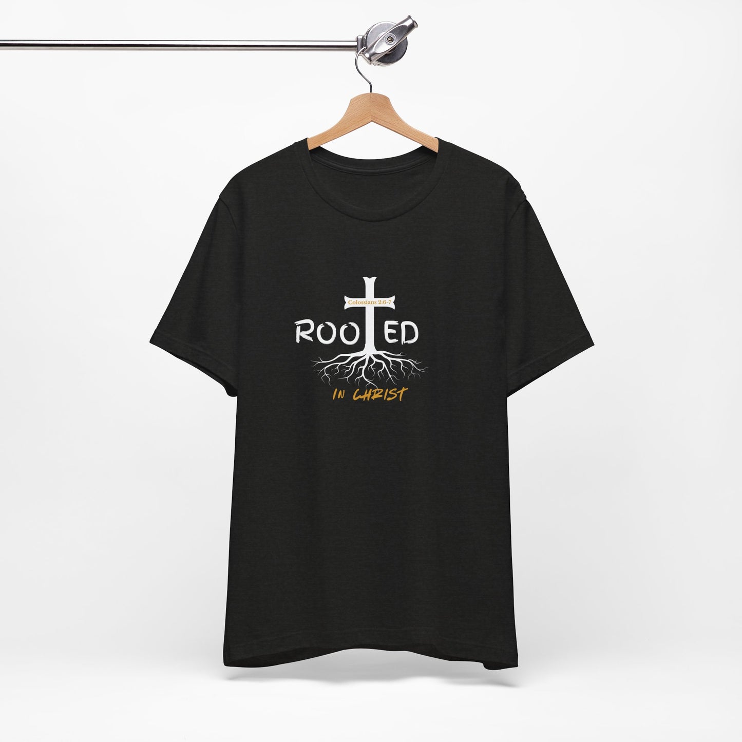 Rooted in Christ Christian T-Shirt | Colossians 2:6-7 Bible Verse Shirt | Faith Based Graphic Tee for Men