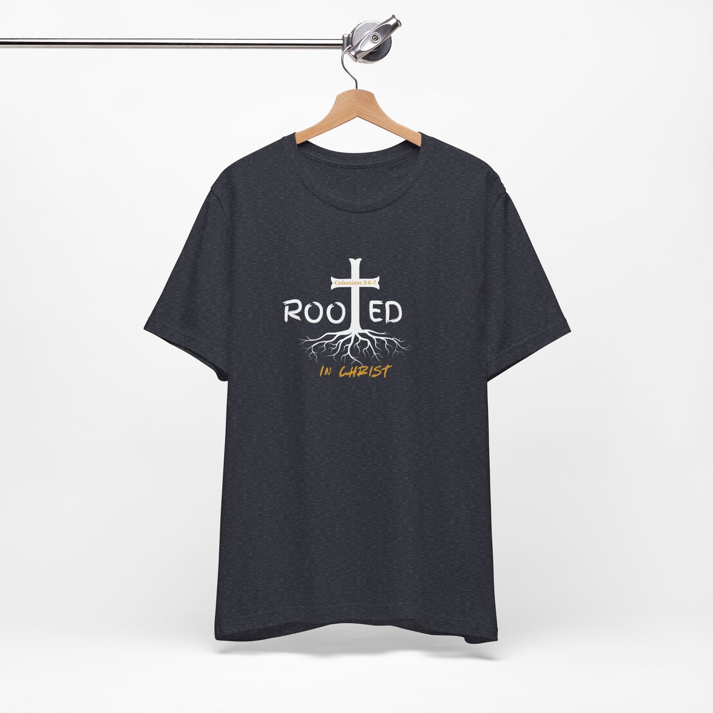 Rooted in Christ Christian T-Shirt | Colossians 2:6-7 Bible Verse Shirt | Faith Based Graphic Tee for Men