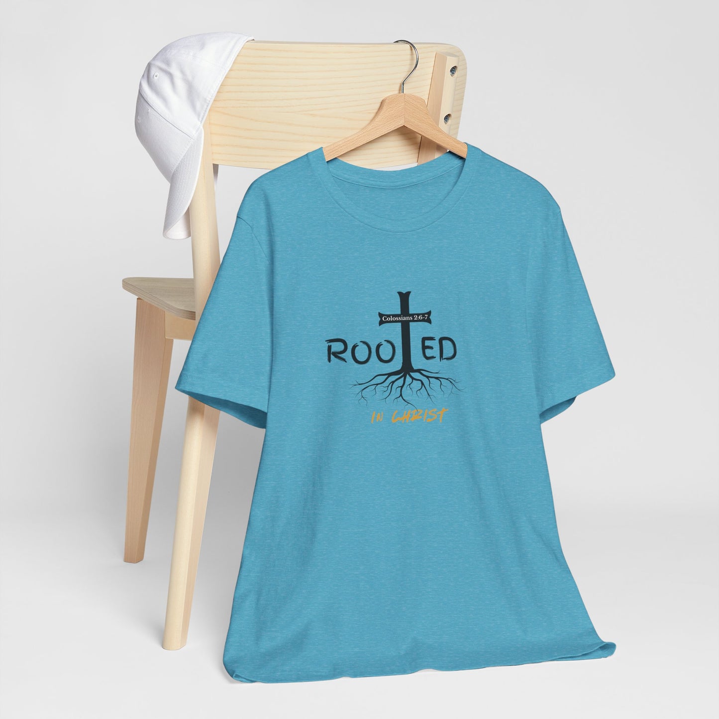 Rooted in Christ Christian T-Shirt | Colossians 2:6-7 Bible Verse Shirt | Faith Based Graphic Tee for Men