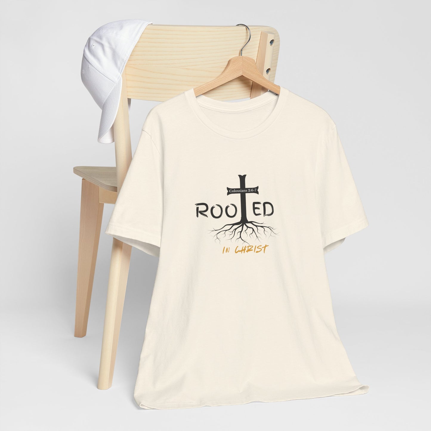 Rooted in Christ Christian T-Shirt | Colossians 2:6-7 Bible Verse Shirt | Faith Based Graphic Tee for Men