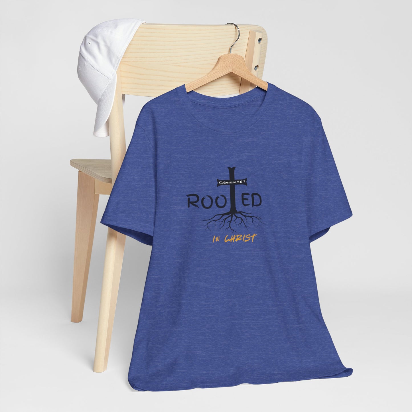 Rooted in Christ Christian T-Shirt | Colossians 2:6-7 Bible Verse Shirt | Faith Based Graphic Tee for Men