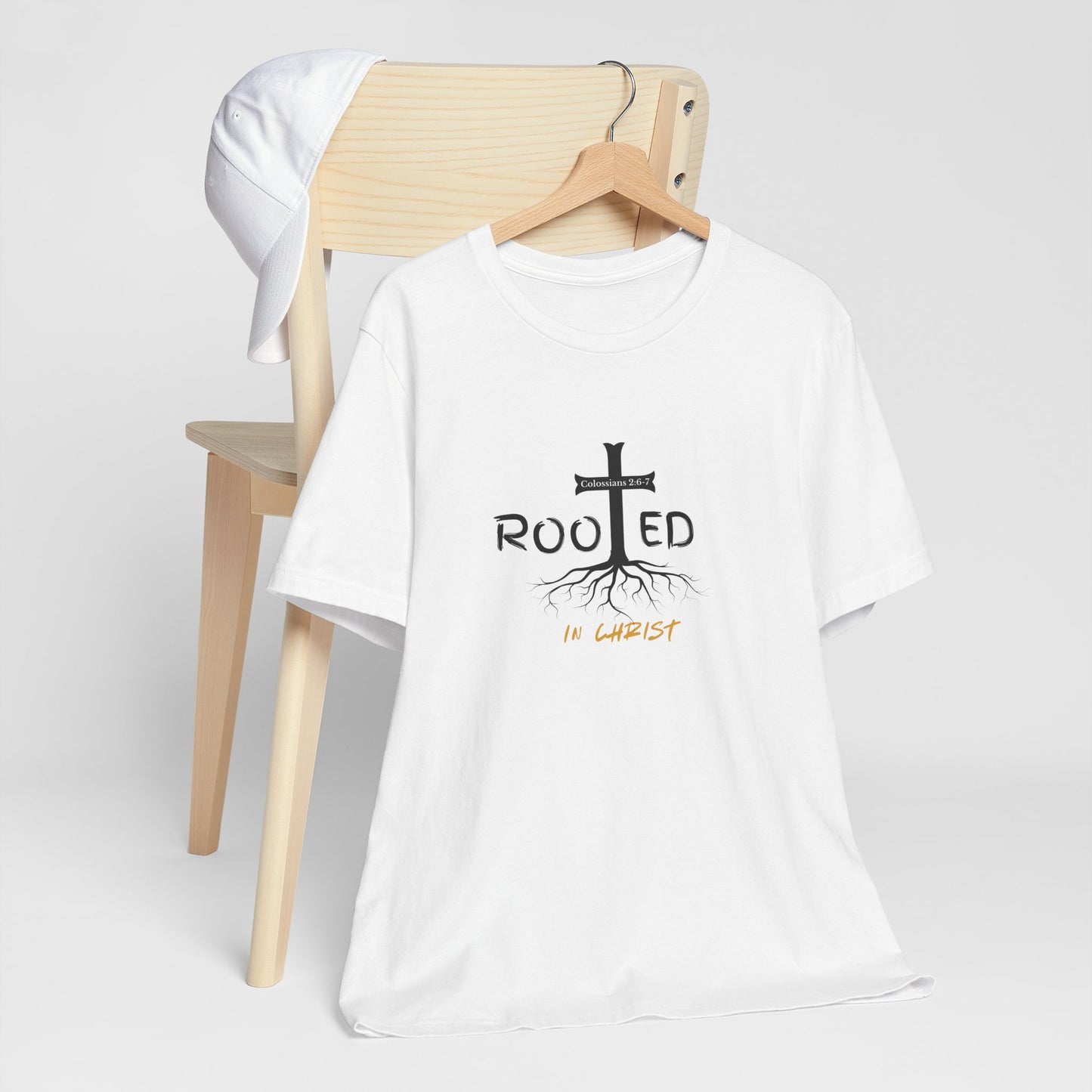 Rooted in Christ Christian T-Shirt | Colossians 2:6-7 Bible Verse Shirt | Faith Based Graphic Tee for Men
