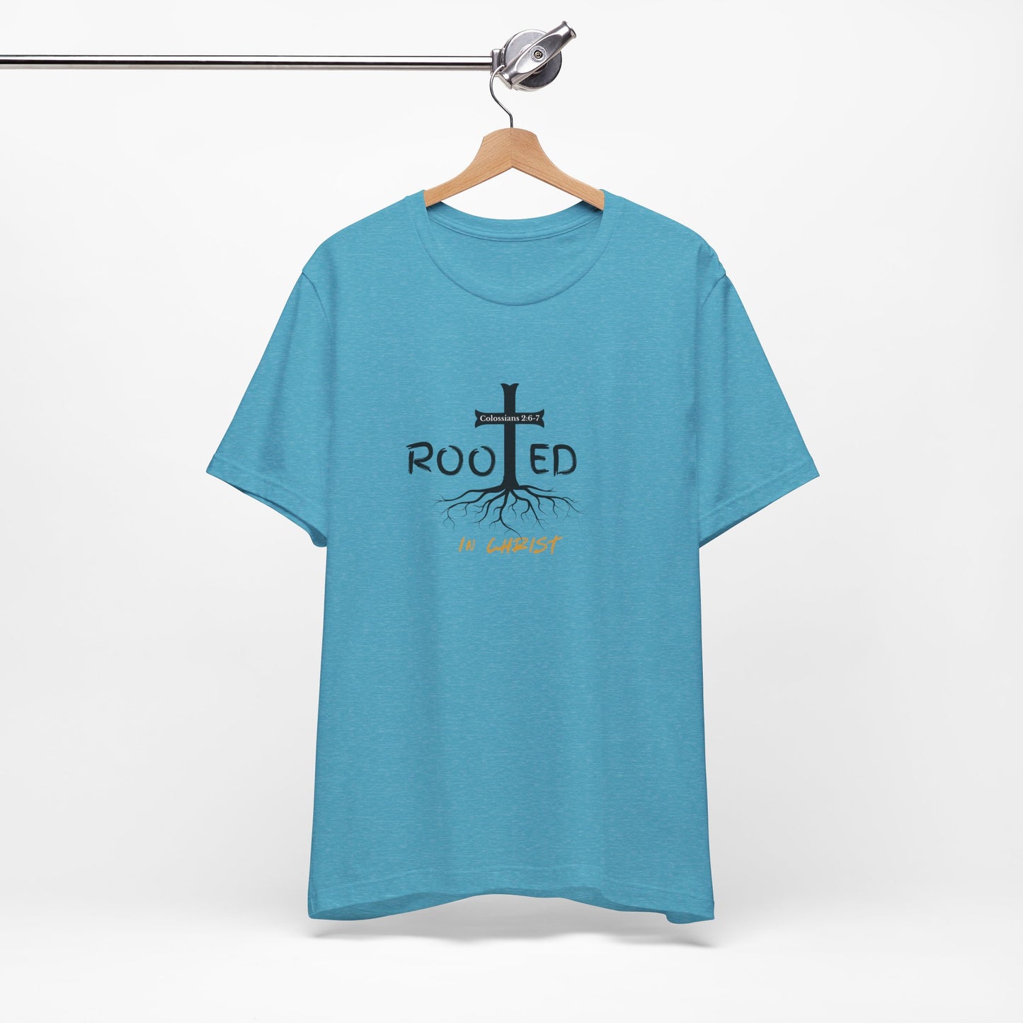 Rooted in Christ Christian T-Shirt | Colossians 2:6-7 Bible Verse Shirt | Faith Based Graphic Tee for Men