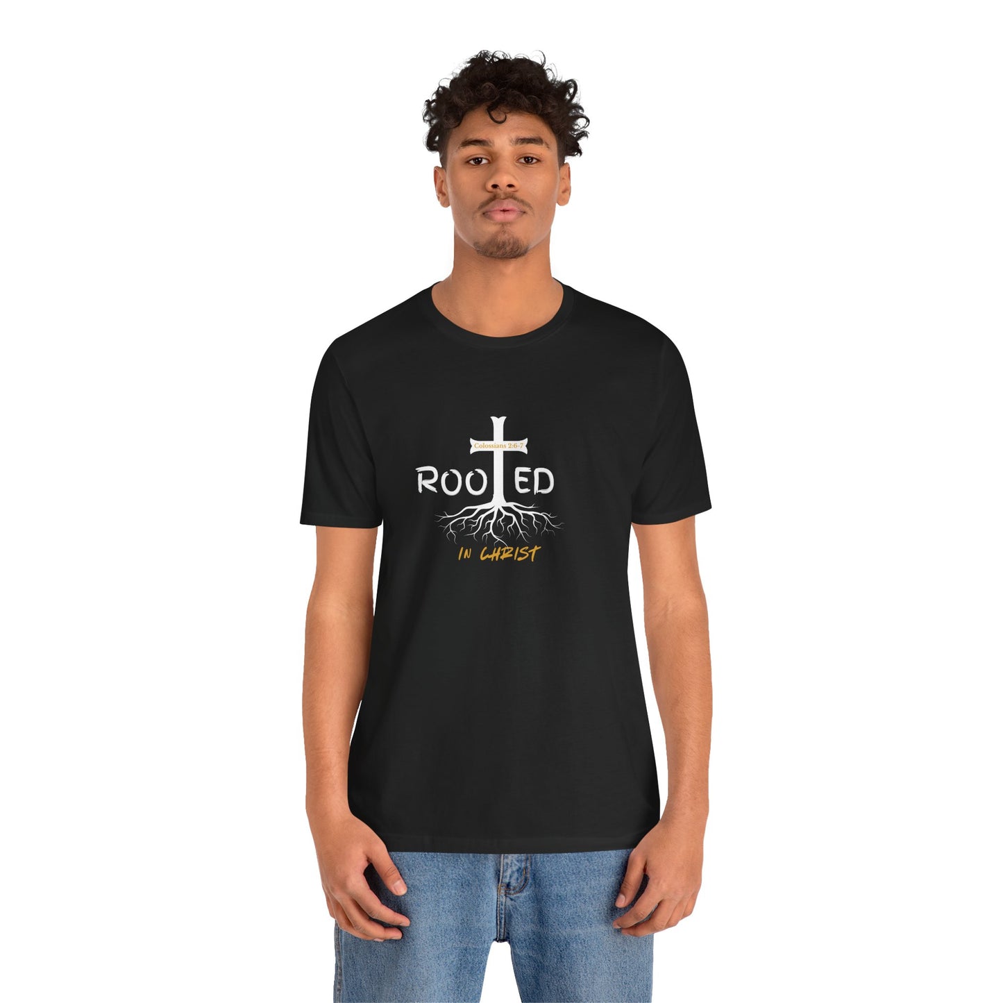 Rooted in Christ Christian T-Shirt | Colossians 2:6-7 Bible Verse Shirt | Faith Based Graphic Tee for Men