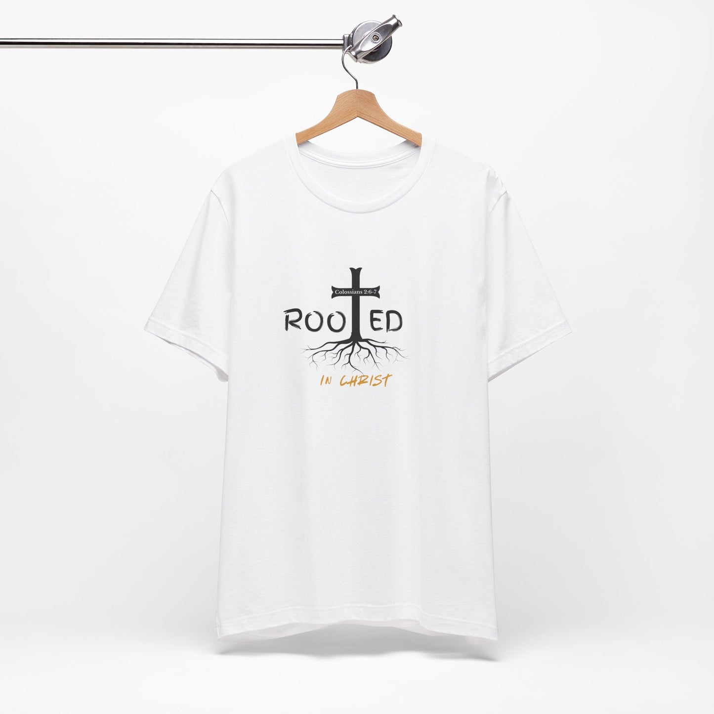 Rooted in Christ Christian T-Shirt | Colossians 2:6-7 Bible Verse Shirt | Faith Based Graphic Tee for Men