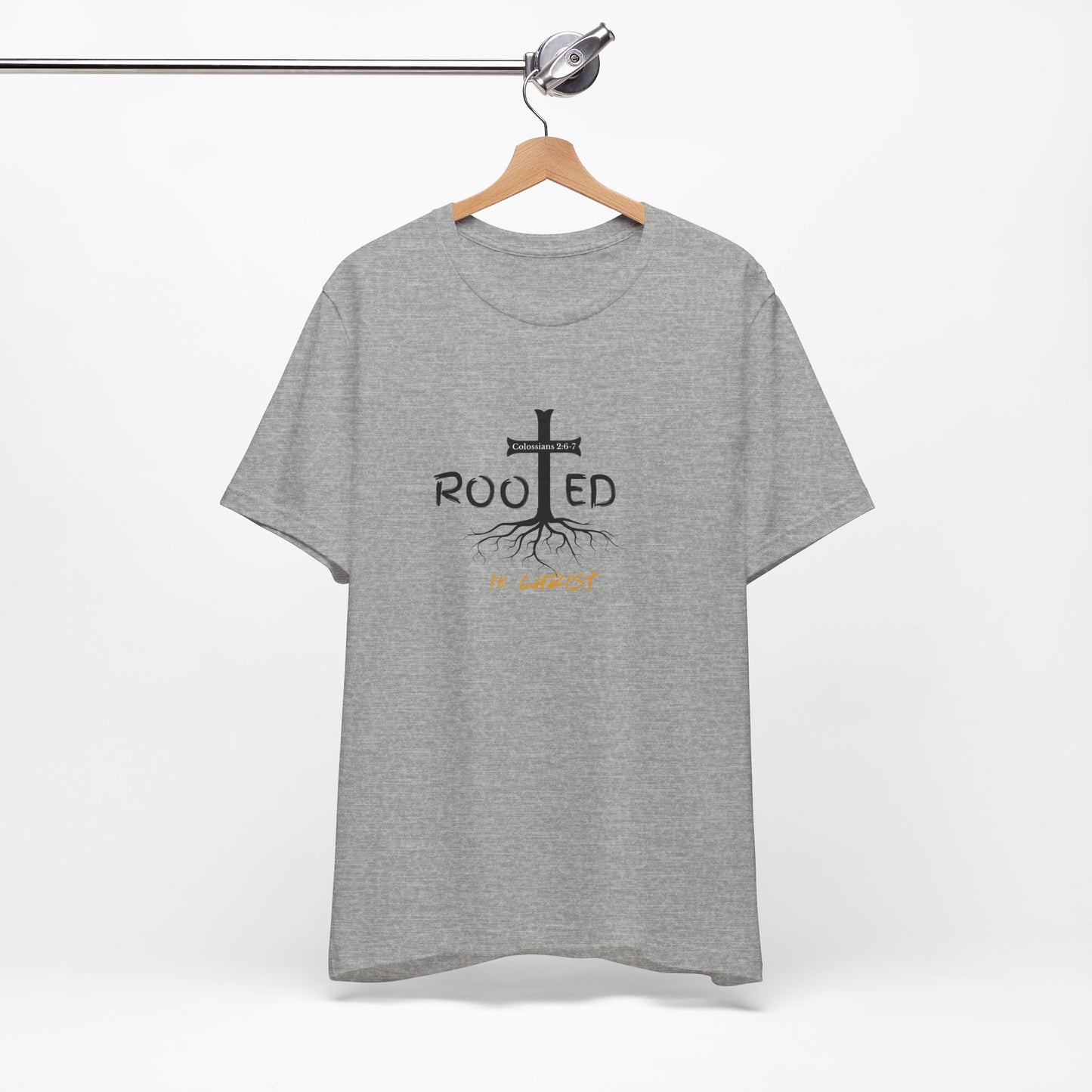Rooted in Christ Christian T-Shirt | Colossians 2:6-7 Bible Verse Shirt | Faith Based Graphic Tee for Men
