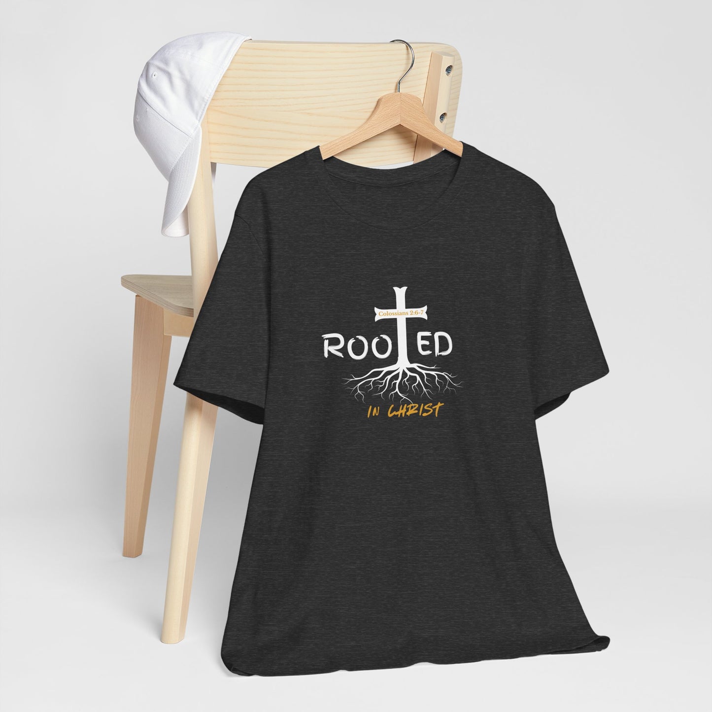 Rooted in Christ Christian T-Shirt | Colossians 2:6-7 Bible Verse Shirt | Faith Based Graphic Tee for Men