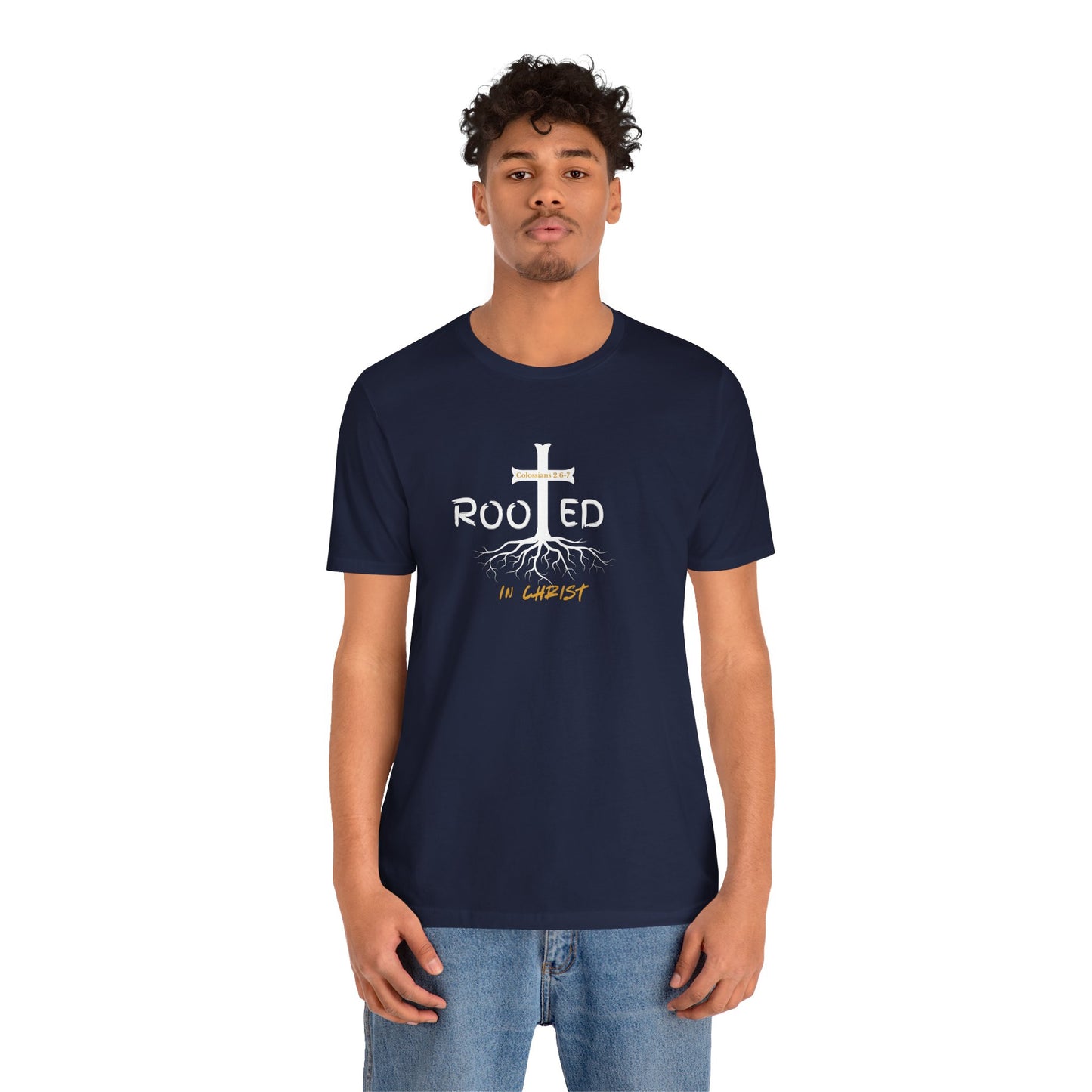 Rooted in Christ Christian T-Shirt | Colossians 2:6-7 Bible Verse Shirt | Faith Based Graphic Tee for Men