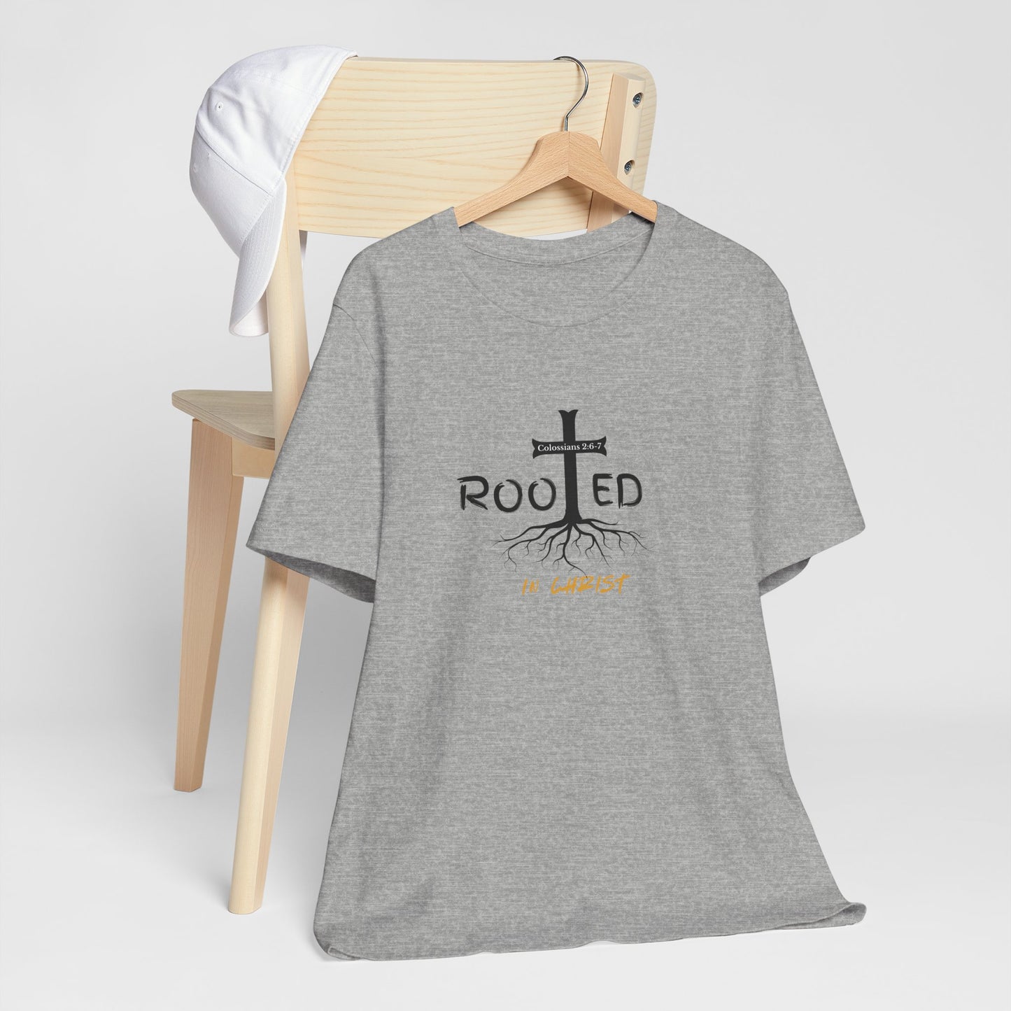 Rooted in Christ Christian T-Shirt | Colossians 2:6-7 Bible Verse Shirt | Faith Based Graphic Tee for Men