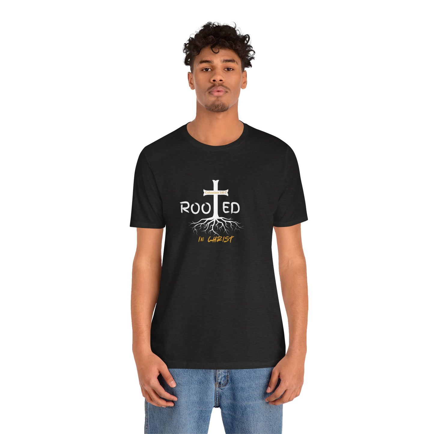 Rooted in Christ Christian T-Shirt | Colossians 2:6-7 Bible Verse Shirt | Faith Based Graphic Tee for Men