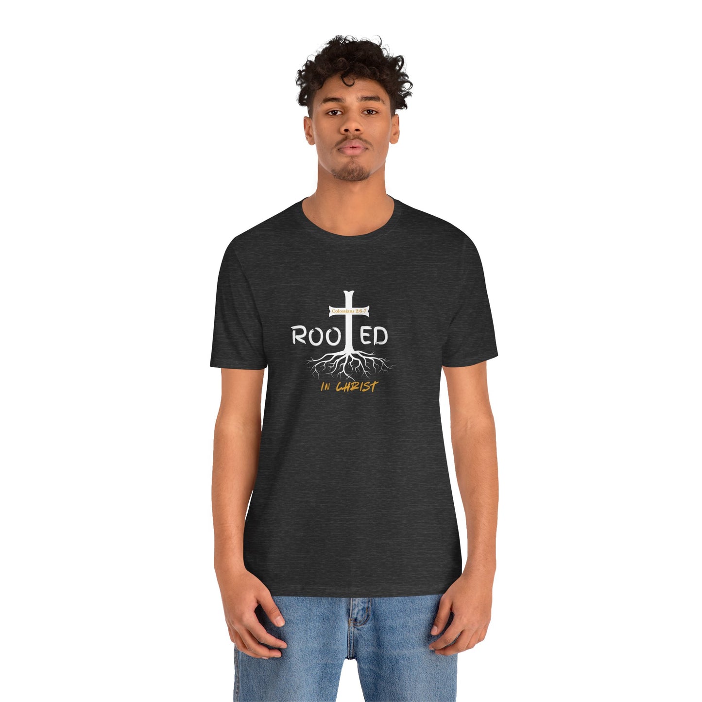 Rooted in Christ Christian T-Shirt | Colossians 2:6-7 Bible Verse Shirt | Faith Based Graphic Tee for Men