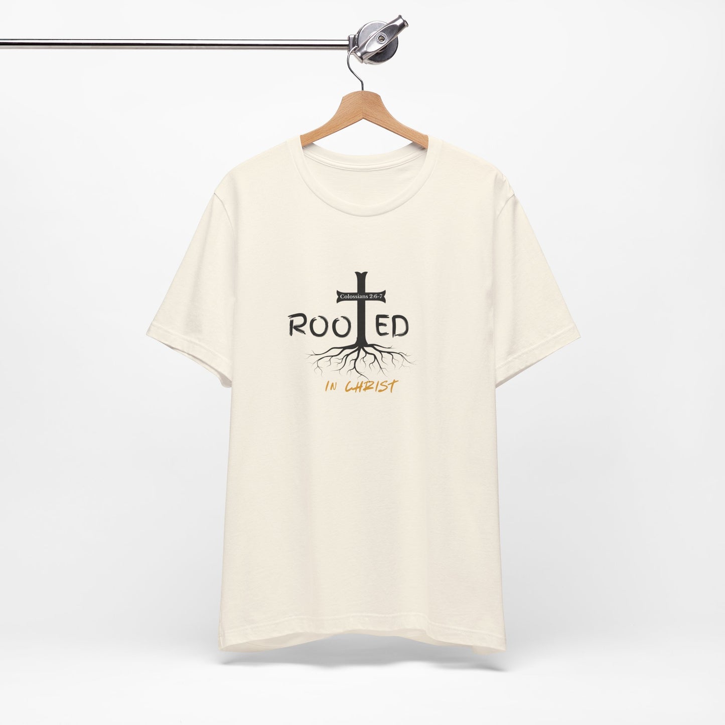 Rooted in Christ Christian T-Shirt | Colossians 2:6-7 Bible Verse Shirt | Faith Based Graphic Tee for Men
