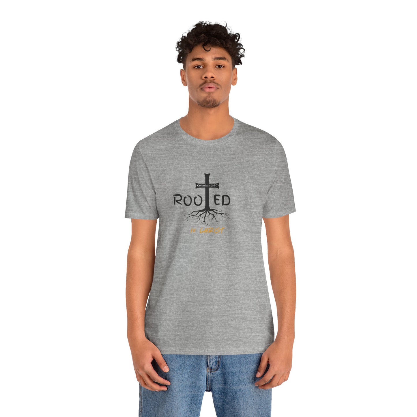 Rooted in Christ Christian T-Shirt | Colossians 2:6-7 Bible Verse Shirt | Faith Based Graphic Tee for Men