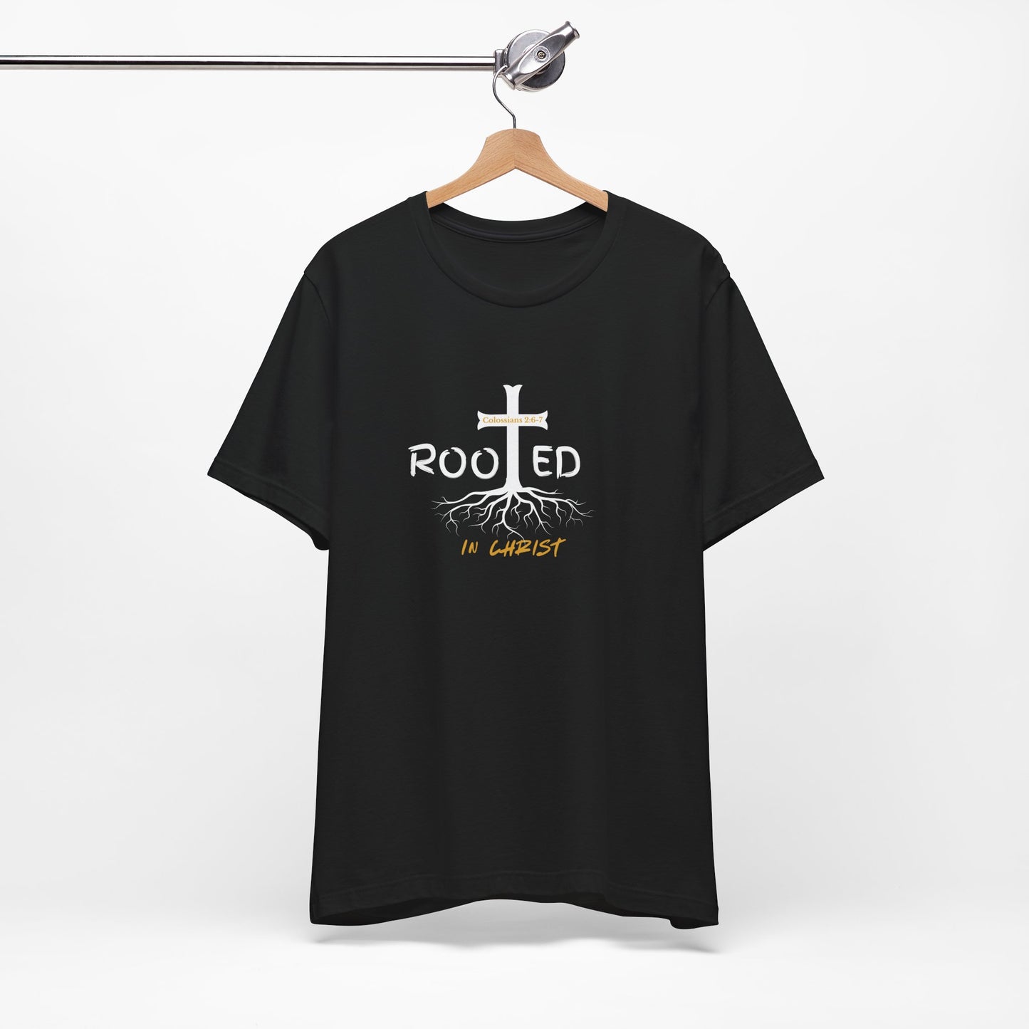Rooted in Christ Christian T-Shirt | Colossians 2:6-7 Bible Verse Shirt | Faith Based Graphic Tee for Men