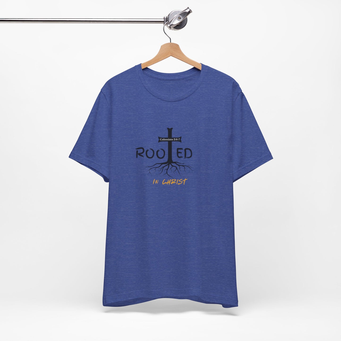 Rooted in Christ Christian T-Shirt | Colossians 2:6-7 Bible Verse Shirt | Faith Based Graphic Tee for Men