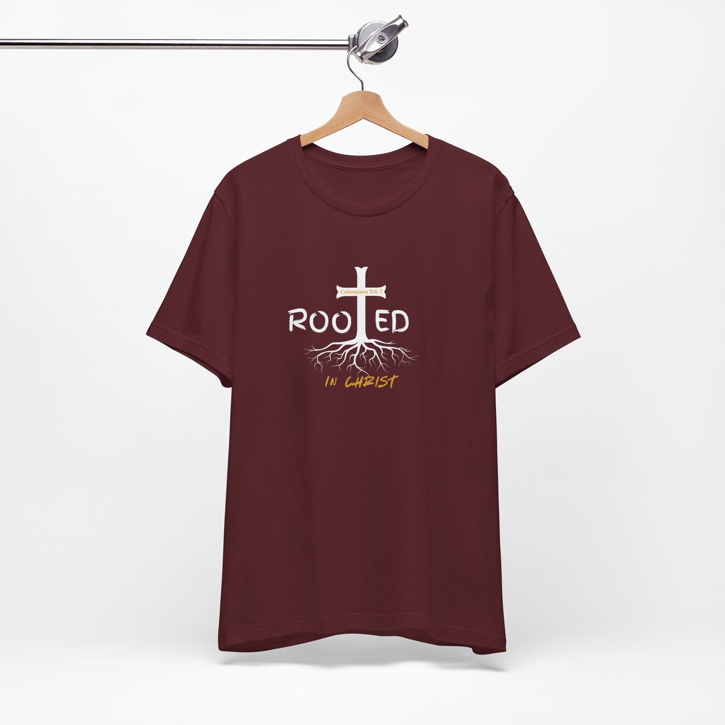 Rooted in Christ Christian T-Shirt | Colossians 2:6-7 Bible Verse Shirt | Faith Based Graphic Tee for Men