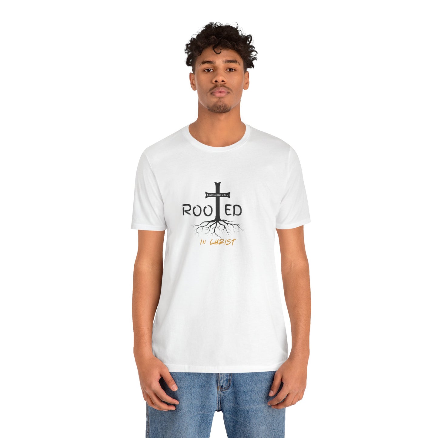 Rooted in Christ Christian T-Shirt | Colossians 2:6-7 Bible Verse Shirt | Faith Based Graphic Tee for Men
