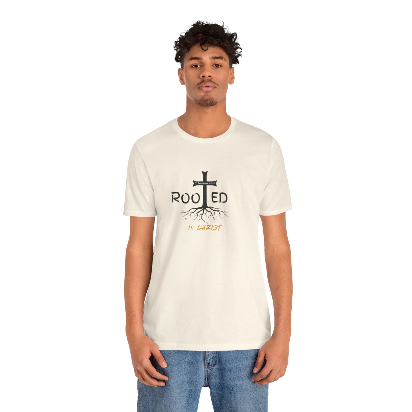 Rooted in Christ Christian T-Shirt | Colossians 2:6-7 Bible Verse Shirt | Faith Based Graphic Tee for Men