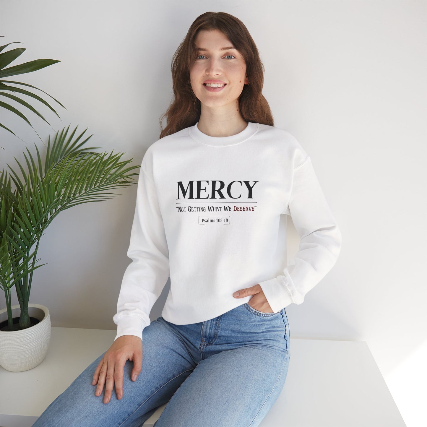 Christian sweatshirt with Mercy faith-based typography design